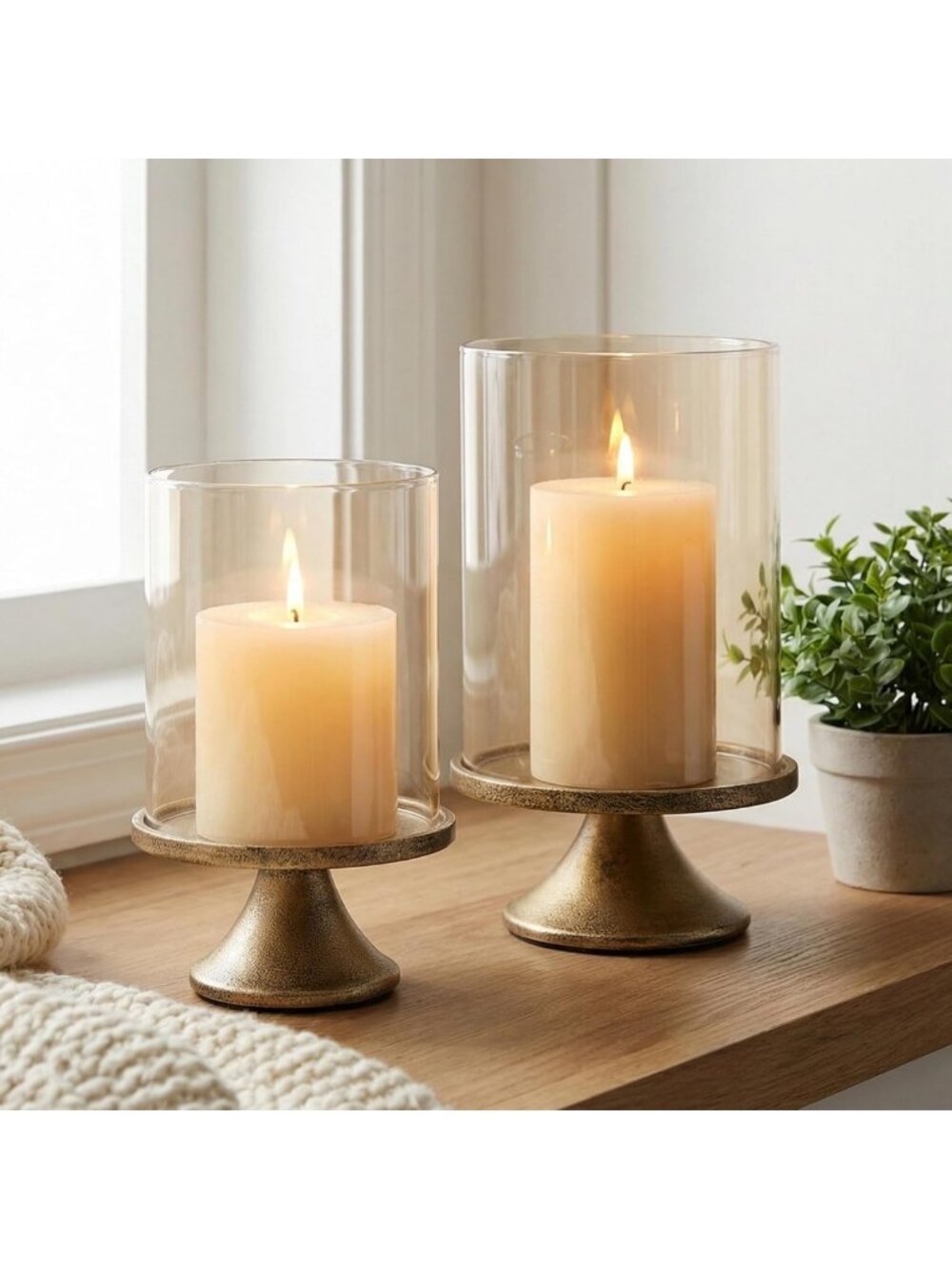 Elegant Set of 2 Hurricane Candle Holders with Glass Dome & Iron Base - Home